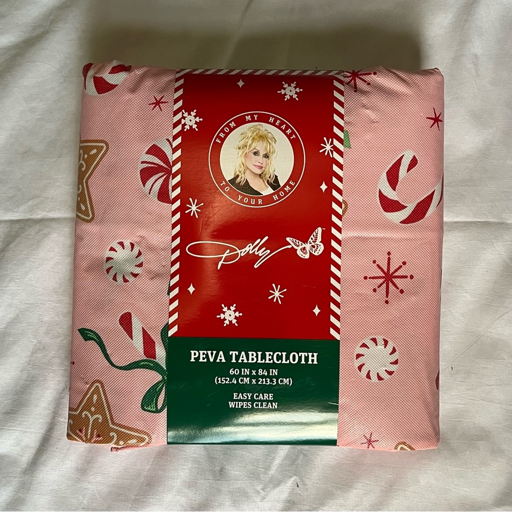 DOLLY PARTON Christmas  60" x 84" Tablecloth PEVA Pink Gingerbread Candy Cane